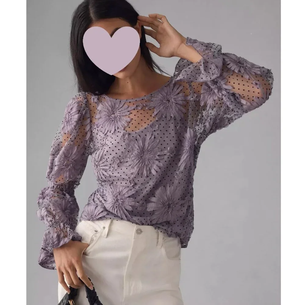 Anthropologie Eva Franco Lace Floral Blouse Purple XL